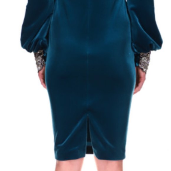 Badgley Mischka Velvet Balloon Sleeve Beaded Cuff Dress - Picture 7 of 7